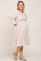 Taupe Smocked Long Sleeve Maternity Plus Midi Dress