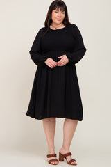 Black Smocked Long Sleeve Maternity Plus Midi Dress