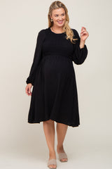 Black Smocked Long Sleeve Maternity Plus Midi Dress