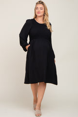 Black Smocked Long Sleeve Maternity Plus Midi Dress