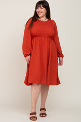 Rust Smocked Long Sleeve Plus Midi Dress