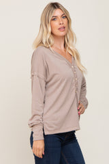 Beige Button Front Terry Long Sleeve Top