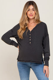 Black Button Front Terry Long Sleeve Maternity Top