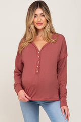 Rust Button Front Terry Long Sleeve Maternity Top