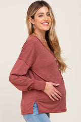 Rust Button Front Terry Long Sleeve Maternity Top