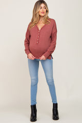 Rust Button Front Terry Long Sleeve Maternity Top