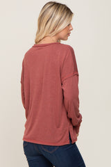 Rust Button Front Terry Long Sleeve Top