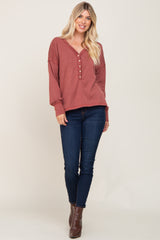 Rust Button Front Terry Long Sleeve Top