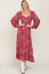 Plum Paisley Print Cutout Front Long Sleeve Maxi Dress