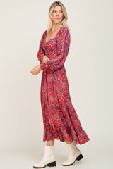 Plum Paisley Print Cutout Front Long Sleeve Maxi Dress