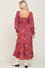 Plum Paisley Print Cutout Front Long Sleeve Maxi Dress