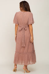 Mauve Pleated Shimmer Maternity Midi Dress