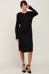 Black Ribbed Long Sleeve Slit Dress