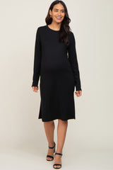 Black Ribbed Long Sleeve Slit Maternity Dress