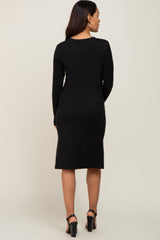 Black Ribbed Long Sleeve Slit Maternity Dress