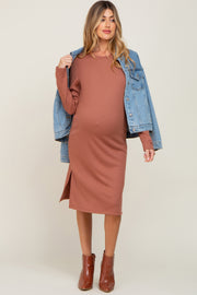 Mauve Ribbed Long Sleeve Slit Maternity Dress