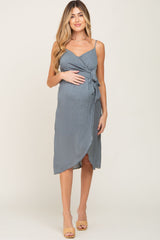 Grey Floral Wrap Maternity Midi Dress