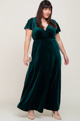 Hunter Green Velvet Plus Maternity Wrap Maxi Dress