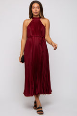 Burgundy Pleated Maternity Halter Dress