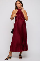 Burgundy Pleated Maternity Halter Dress