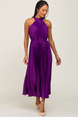 Purple Pleated Maternity Halter Dress