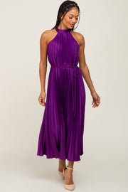 Purple Pleated Halter Dress