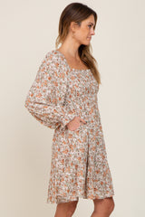 Beige Floral Smocked Square Neck Dress