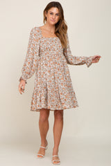 Beige Floral Smocked Square Neck Dress