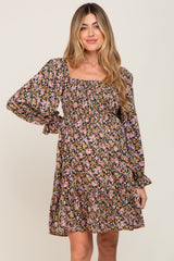 Black Floral Smocked Square Neck Maternity Dress