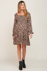 Black Floral Smocked Square Neck Maternity Dress