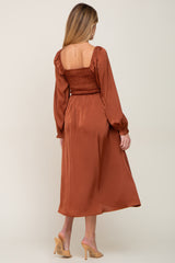 Rust Smocked Square Neck Satin Maternity Midi Dress