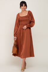 Rust Smocked Square Neck Satin Maternity Midi Dress