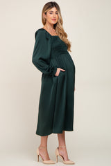 Forest Green Smocked Square Neck Satin Maternity Midi Dress