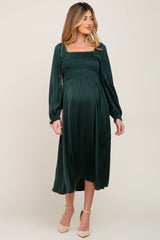 Forest Green Smocked Square Neck Satin Maternity Midi Dress