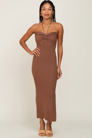 Brown Front Twist Halter Maxi Dress