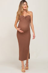 Brown Front Twist Halter Maternity Maxi Dress