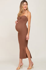 Brown Front Twist Halter Maternity Maxi Dress