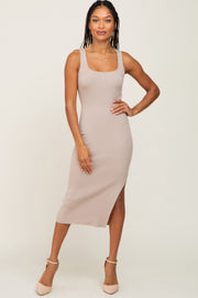 Beige Knit Fitted Midi Dress