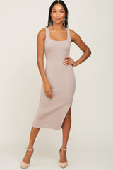 Beige Knit Fitted Maternity Midi Dress