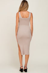 Beige Knit Fitted Maternity Midi Dress