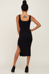 Black Knit Fitted Midi Dress