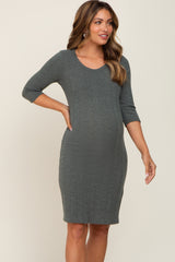 Olive Rib Knit 3/4 Sleeve Maternity Dress