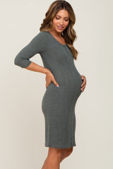 Olive Rib Knit 3/4 Sleeve Maternity Dress