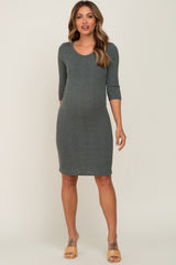 Olive Rib Knit 3/4 Sleeve Maternity Dress