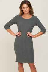 Olive Rib Knit 3/4 Sleeve Dress