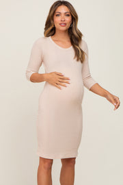 Beige Rib Knit 3/4 Sleeve Maternity Dress