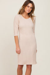 Beige Rib Knit 3/4 Sleeve Dress