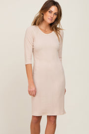 Beige Rib Knit 3/4 Sleeve Dress