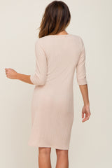 Beige Rib Knit 3/4 Sleeve Dress