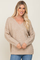 Taupe V-Neck Brushed Knit Sweater